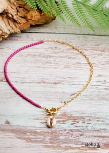 Boho Necklace, Blue Colorful Hippie Gold Shell